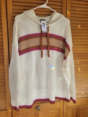 torrid Cream Open-Knit Hoodie with Pink and Brown Stripes